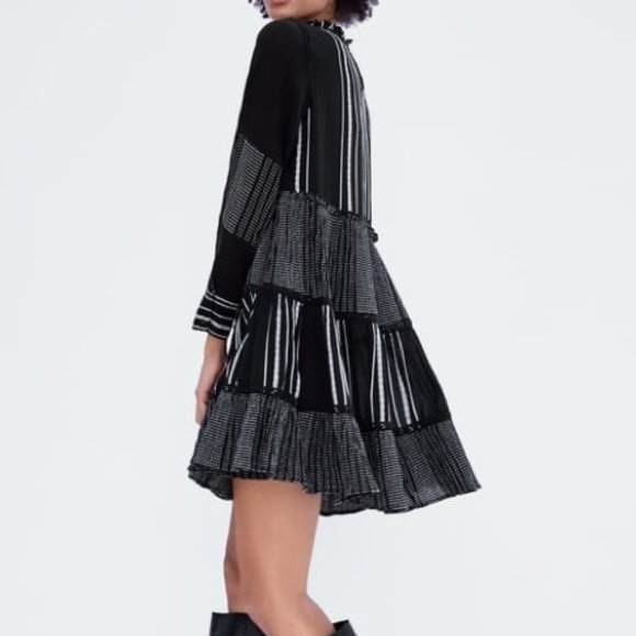 Zara Black White Patchwork Boho Dress - Picture 2 of 8
